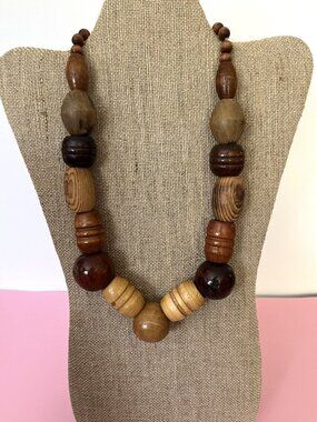 Chunky Wooden Beaded Necklace With Varied Shapes & Natural Tones For Women